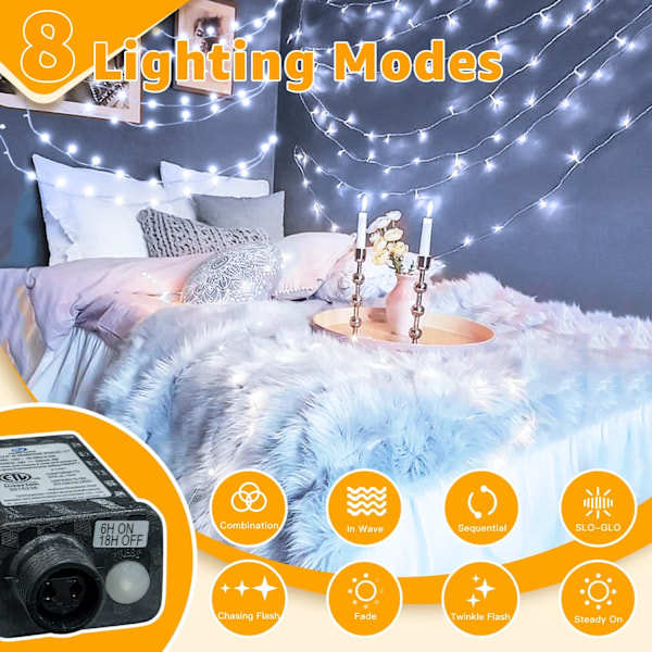 Strenglys 120LED 40FT, Kald Hvit Fe Lys Vanntett Koblebar Timer, 8 Moduser Plug in Julelys for Soverom Utendørs Fest Kjølig