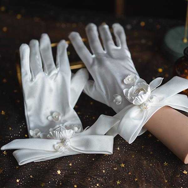 Brudehandsker med korte blomster Satin Five Finger Brudehandsker