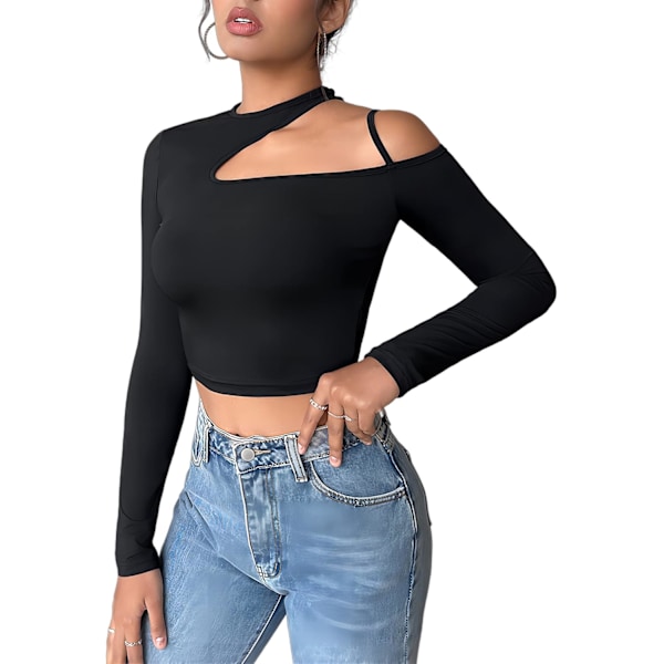 Kvinners utskårne langarmede rundhalsade Crop Top Slim