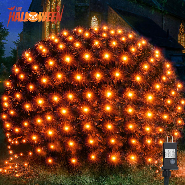 Halloween Net Lights, 200LED 8.4ft x 5.2ft Oransje Halloween Busklys med 8 Moduser, Timer, Koblingsbar, Vanntett & Robust Mørkegrønn Ledning for