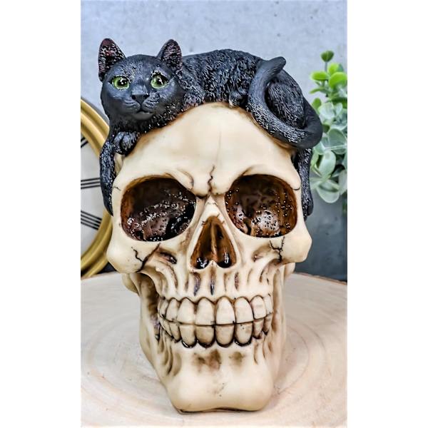 Ebros Cat Witching Hour Häxkonst Svart Mystisk Katt Sittande På Skalle Figur 3D Katter Skallar Dekorativ Ossuarium Makaber     De Dödas Dag