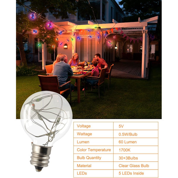 RBG Patio String Light 38FT 5V丨 8 Färglägen丨G40 30 Glas LED-lampor (3 reserv) 丨E12 0,5W 丨 IP44 Vattentät Sladdad Elektrisk Hängande Bistro-ljus