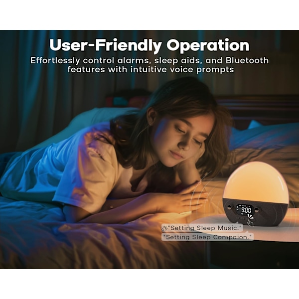 Ljudmaskin, soluppgångslarm med Bluetooth-högtalare, vitt brus för sömn, väckningsljus för sovrum, tung sovare, dimbara nattlampor
