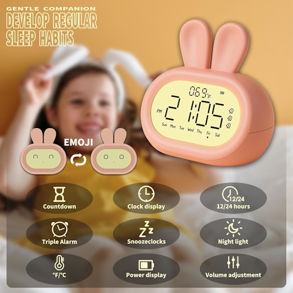 Kanin väckarklocka för barn, digital väckarklocka för att väcka barn, söt kanindekoration, nattlampa för småbarns sovrum, presenter till barn flickor