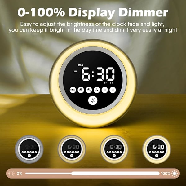 Väckarklocka med soluppgångssimulering, högt digitalt alarm med soluppgångssimulering, färgat ljus, dimmer, vardags-/helgläge, justerbar volym för