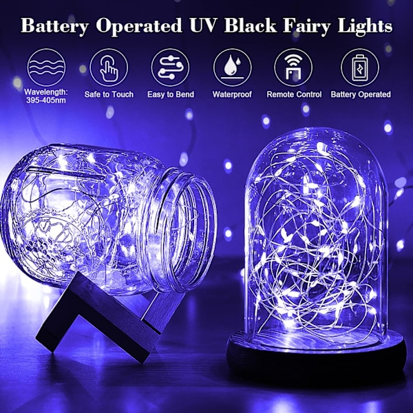 2-pack 32,8 fot 100 LED svart ljus ljusslinga, UV ljusslinga batteridriven med fjärrkontroll och timer, 8 lägen UV svart ljusslinga för glöd UV
