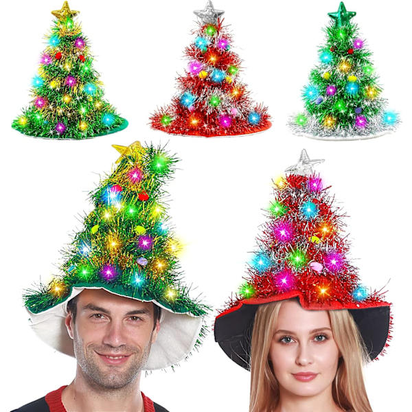 3-pakke julehatter med 30 LED-fargede lys og glitter