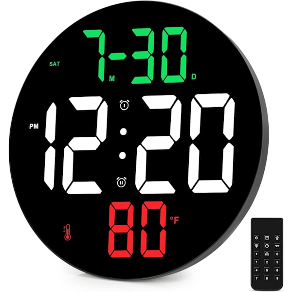Digitalt ur med stort display, højt alarmur med snooze, justerbar dæmpning, temperatur, dag og dato, 9 tommer vægur/bordur til B