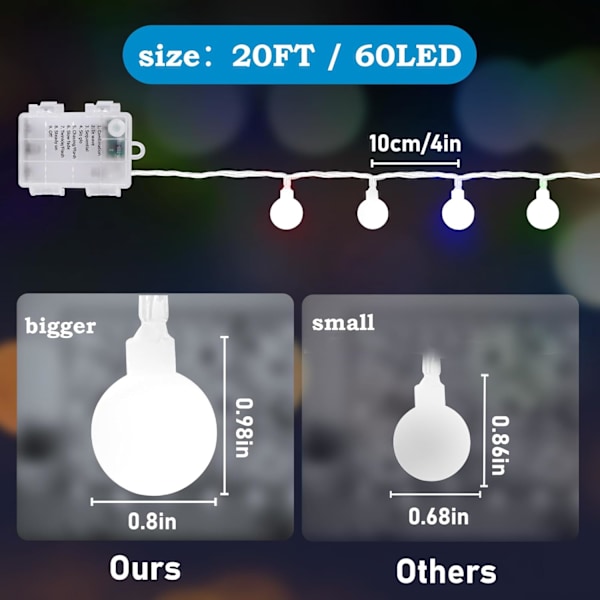 Batteridrevne lyskæder til indendørs soveværelse, Calibre 0,8IN 20ft 60led Globe Fairy Lights med timer, 8 tilstande klyngelys til udendørs klasseværelse
