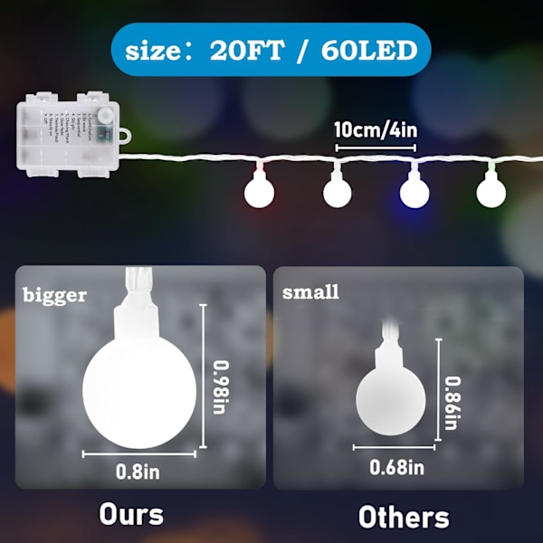 Batteridrivna ljusslingor inomhus sovrum, Calibre 0,8 tum 20 fot 60 lysdioder Globe ljusslingor med timer, 8 lägen klusterljus för utomhusklassrum