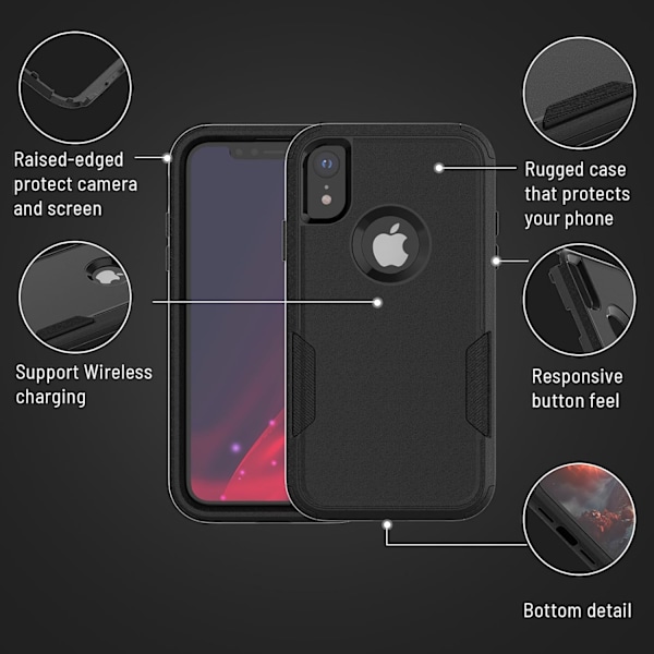 Skal för iPhone XR, 3-Lagers Halkskydd Kraftigt Skydd Stöttåligt Fallsäkert Skyddande iPhone XR Skal med Skärmskydd, 6.1” (Svart) Svart