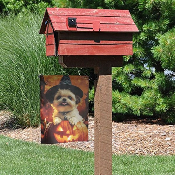 Hage Halloween Shih Tzu Hund Happy Halloween My Love Puppy Dobbeltsidig Holdbar 12x18 Utendørs Banner Dekor Hage s Hvit Hvit