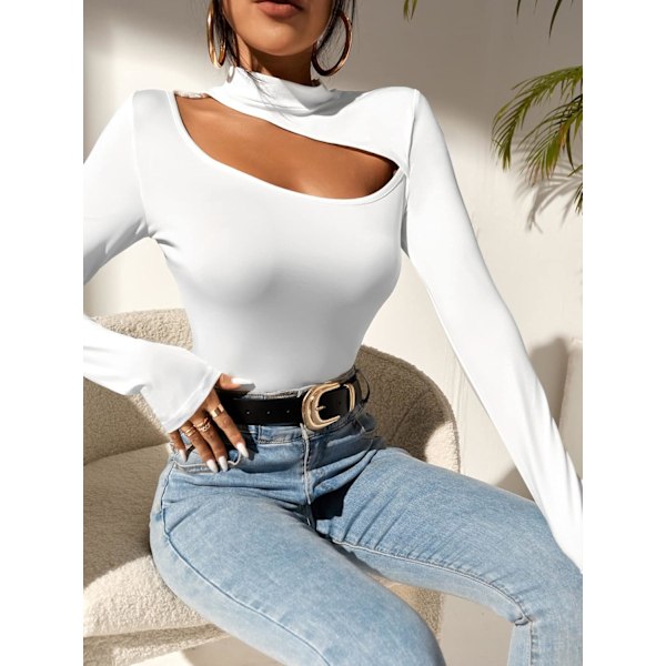 Kvinde Langærmet T-shirt Front Cut Out Basic Strik Mock Neck Crop Top