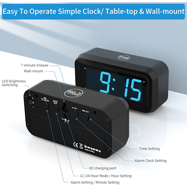 Väckarklocka, sladdansluten/batteridriven, uppgraderad större knapp, 1,2-tums LED-siffervisning, justerbar LED-ljusstyrka, 12H/24H, blå LED-display