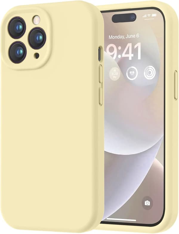 iPhone 14 Pro-deksel i førsteklasses silikon med mikrofiberfôr, støtsikkert - Gul