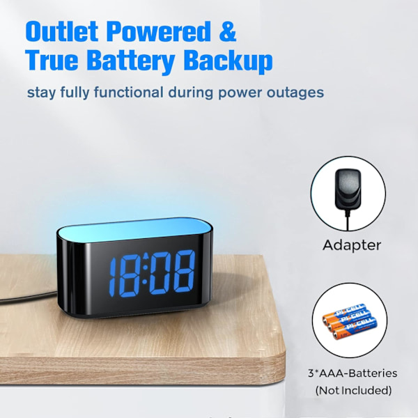 Digital väckarklocka för sovrum - Stor display lätt att läsa över rummet, 7 större färgade nattljus, dubbel alarm, dimmer, True Baery Blue