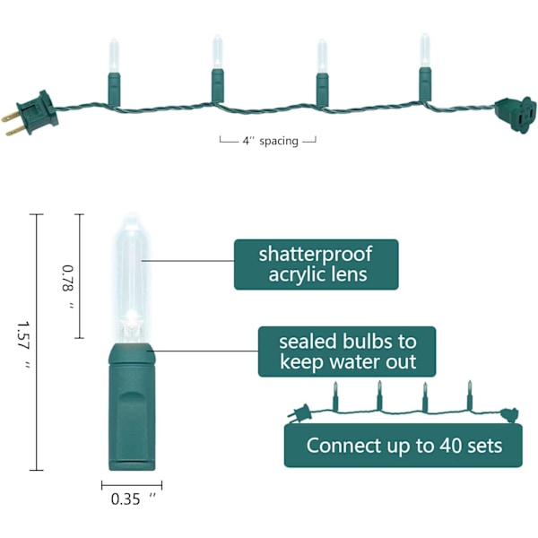 Hvite julelys 17ft 50 LED grønn ledning fe lysende mini lysslynge med plugin, IP64 vanntett julelys for innendørs utendørs jul