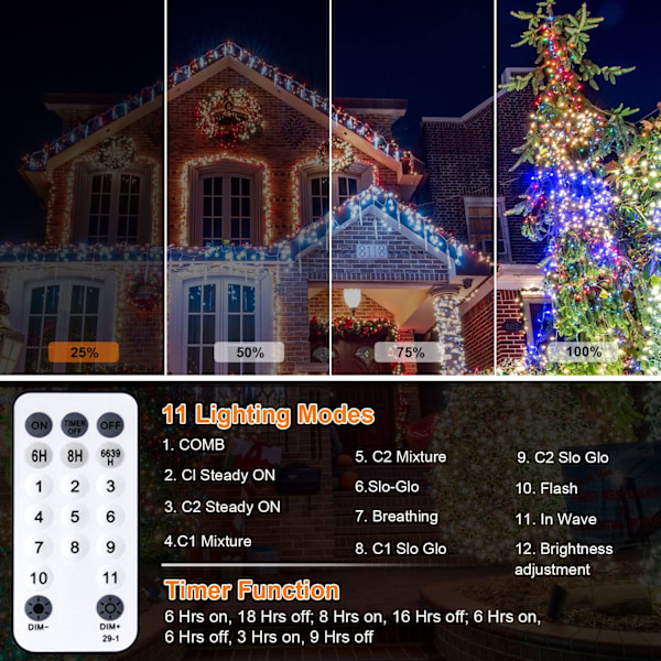 Julbelysning utomhus 600 LED ljusslingor, 197ft lång 11 lägen och timer med fjärrkontroll för jul, halloween, bröllop, festdekoration
