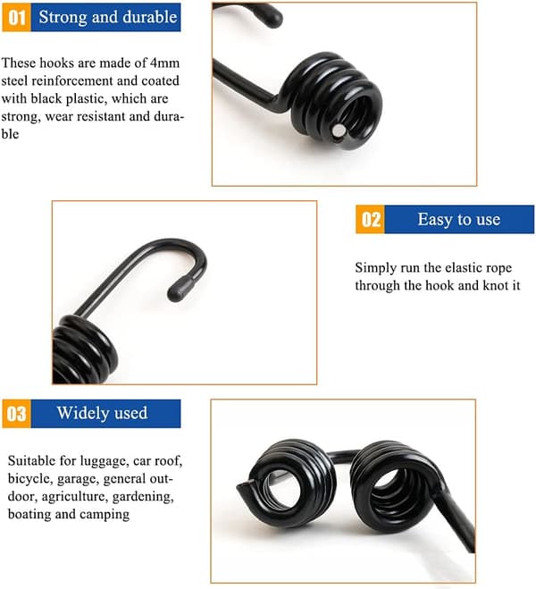 20 stk. sorte elastiksnor kroge 6 mm, plastbelagt spiral bungee reb endekrog til elastik