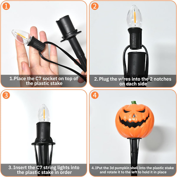 Halloween græskar sti afmærkning lys udendørs, 7Ft sti lys med 4 græskar afmærkning lys og 5 C7 LED lys pærer (1 reserve) til Halloween 4