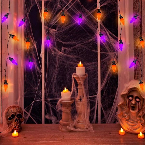 Lila och orange Halloween-ljus, 26 fot Halloween utomhus ljusslingor med 50 LED orange lila ljus, vattentät för Halloween utomhus LED