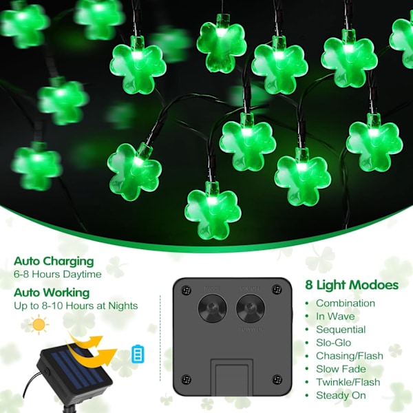 26,4 fot 40 LED solcelled shamrock-lys St Patricks Day-dekorasjoner utendørs, 8 lysmoduser grønne St Patricks Day-lyskjeder St Patricks Day grønn