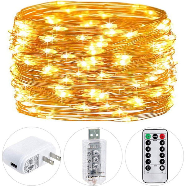 Ljusslinga med kontakt, 33 fot 100 LED-ljusslinga för sovrum, blinkande lampor med fjärrkontroll timer 8 lägen ljusslinga för jul Thanksgiving