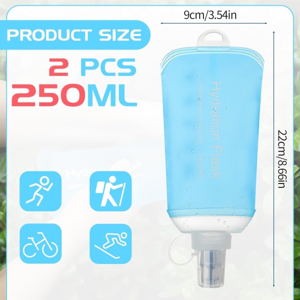 2 stk. bløde drikkeflasker til løb 250 ml TPU sammenklappelige løbedrikkeflasker sportshydreringsflaske vandpose til hydreringssæt vandring cykling