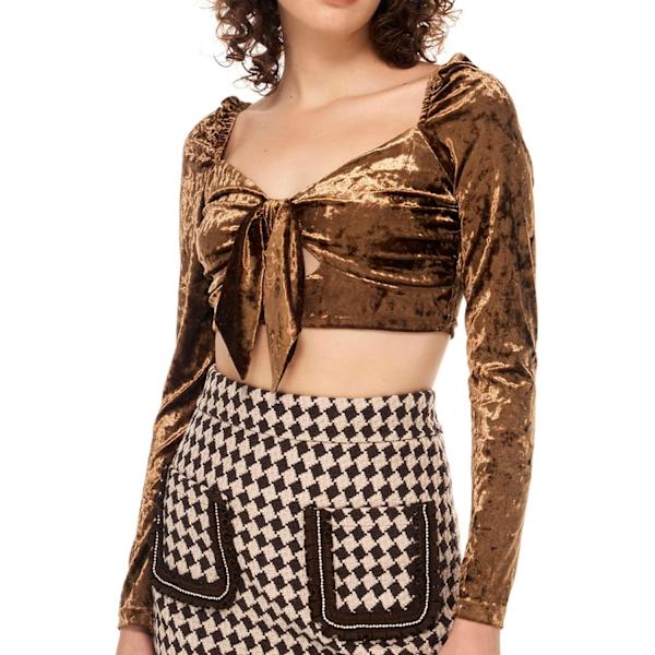 Kvinnors volang långärmad off shoulder tie up back crop top blus