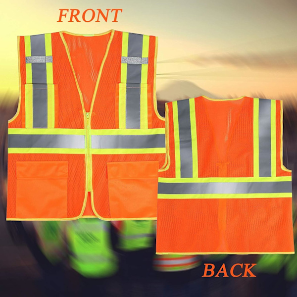 Refleksvest med høy synlighet og glidelås og lommer, oransje, L