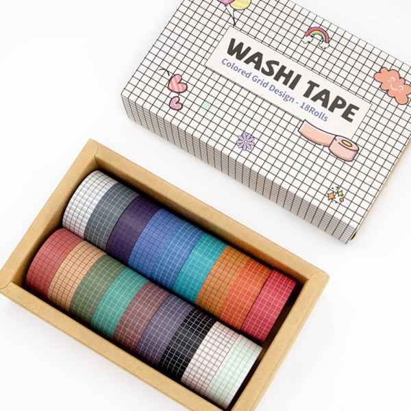 Färgglad rutnät Washi Tape Set - 18 rullar för DIY-dekor