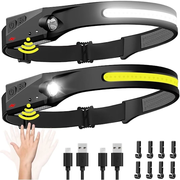 Uppladdningsbar Pannlampa - 230° Bred LED-ljusstråle med Rörelsesensor | Vattentät för Camping, Vandring, Cykling (2-pack)
