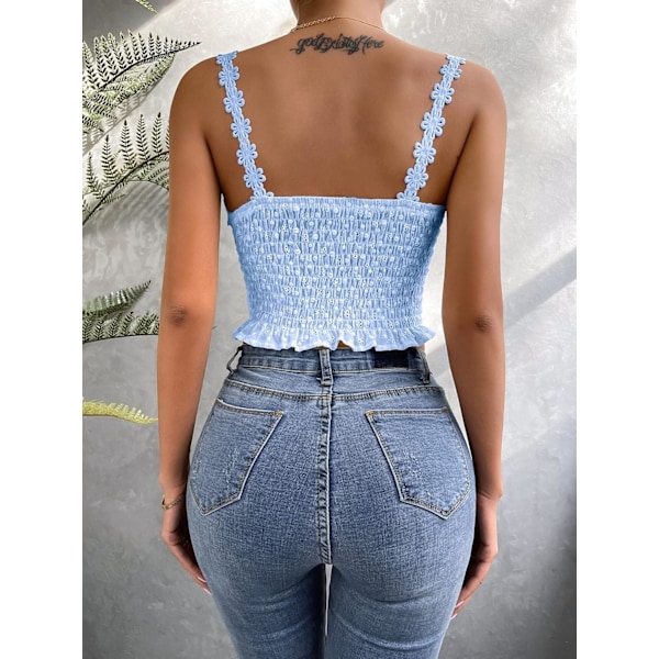 Kvinners ermeløs blonder V-hals øyelet brodert spaghetti stropp crop cami topp