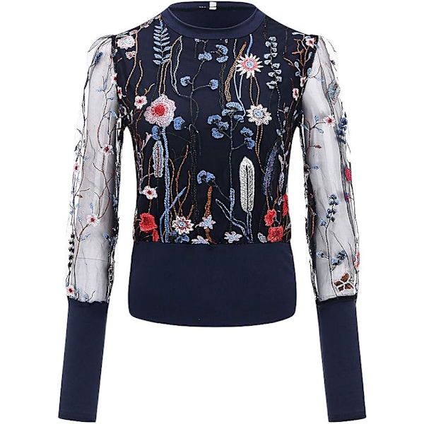 Fashion Kvinder Gennemsigtig Mesh Indsats Langærmet Blomster Top Broderi Bluse
