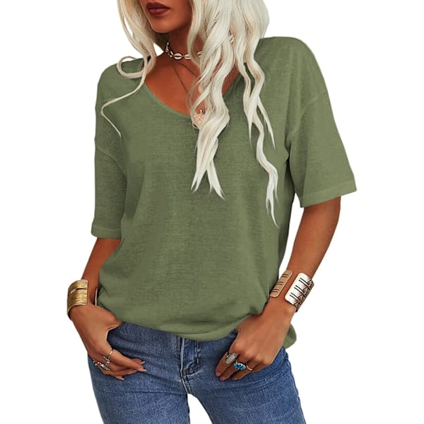 Kvinners sommermote V-hals halv ermer T-skjorte Solid Casual Loose Basic