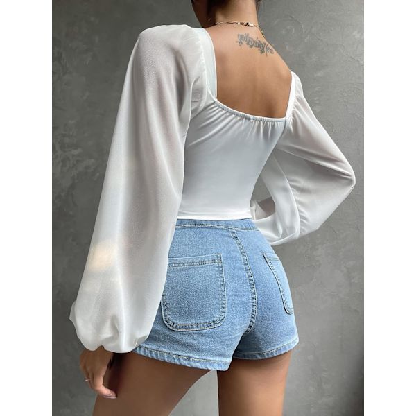 Kvinnors off Shoulder Sheer Sleeve Korsett Top Dragkedja tillbaka