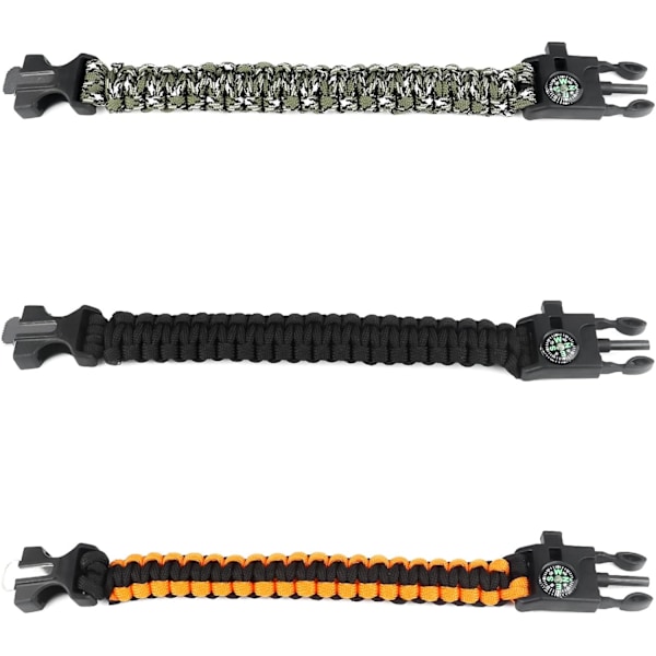 Överlevnadsarmband - Utomhusutrustning med kompass, flinta, visselpipa (3-pack)