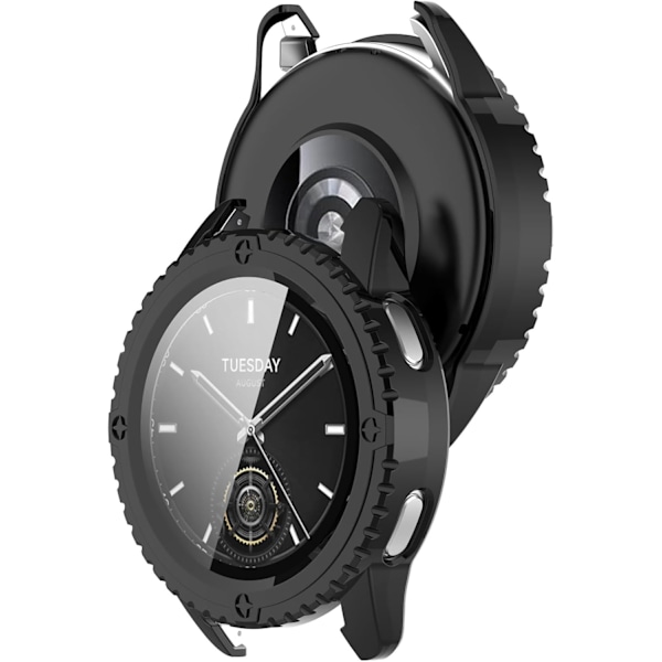Fuld Dækning Etui med Skærmbeskytter Kompatibel med Xiaomi Watch S3, PC og Ægte Glas Beskyttelses Etui Cover (PC Sort) Sort