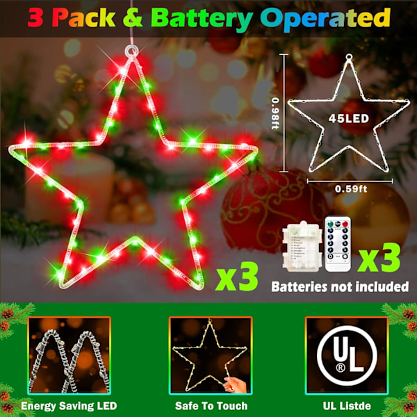 Julevindue Lys 3 Pakke Batteridrevet LED Stjernelys 8 Tilstande Timer