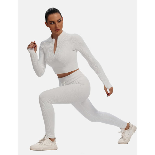 Sömlösa 2-delade outfits för kvinnor Ribbade långärmade dragkedja framtill Crop Top + High