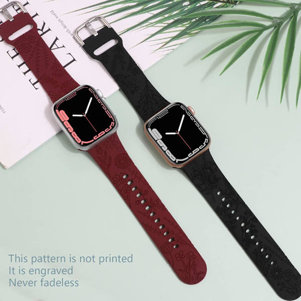 Blomstergraveret silikonearmbånd, der er kompatibelt med Apple Watch
