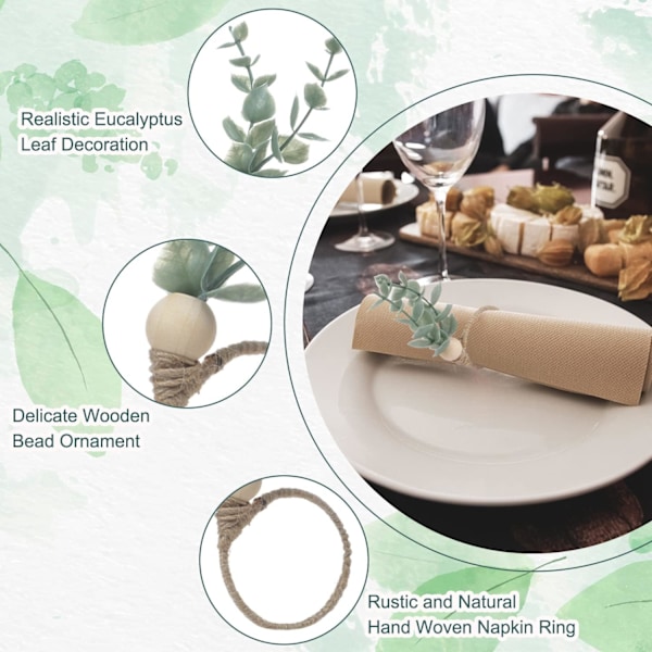 Servettringar Set om 6 Rustika Eucalyptus Trä Servettringar Boho Blad Trä Pärla