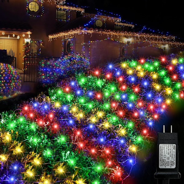Farverige netlys til udendørs brug, 300 LED julelysnet, 14,8x4,9ft netmaskenet til buske, 8 tilstande vandtætte twinkly strengelys