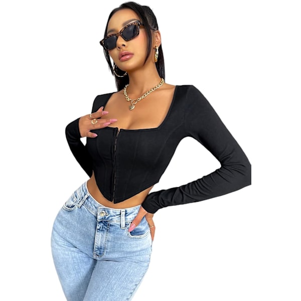 Kvinners langærmet Crop Top Tee Square Neck Basic T-shirt