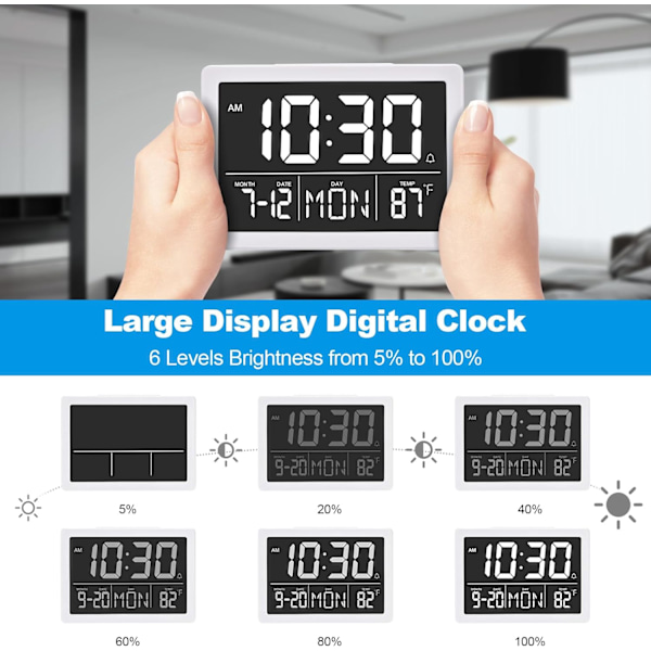 Digitalt vækkeur med snooze, lille ur/bordur, 6,3\" LED digital kalender, 12/24H, justerbar lysstyrke/lydstyrke, bordur til hvid