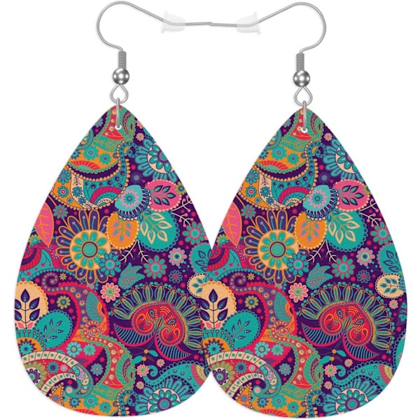 Paisley Flowers Fashion Faux Leather Earrings Ethnic Exotic Florals Blossom