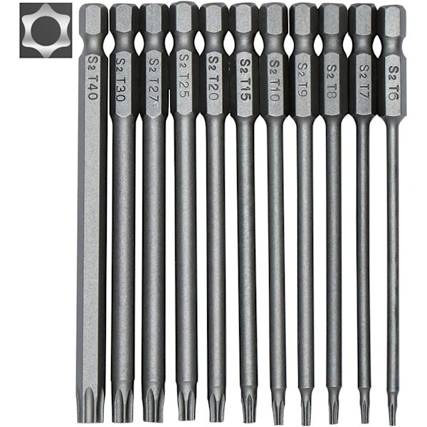 11-Piece Torx Long Screwdriver Bit Set - Magnetic Star Head Bits (T6-T40, 100mm)