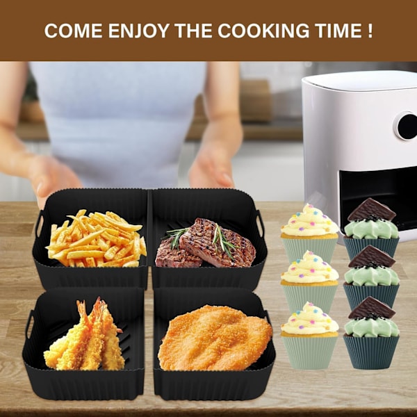 Silikon Airfryer Liner 10.4L, 3PCS Flexi Låda Airfryer Tillbehör AF500 med 6 Kakkoppar, Dubbla Airfryer Liners Air Fryers Insatser för Köksmatlagning