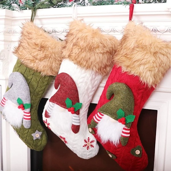 3 stycken julstrumpor Xmas Santa Gnome Hängande Godis Presentpåse Dekoration Ränder Holly Plush Faux Fur Cuff Julgran Topper Ornament Semester