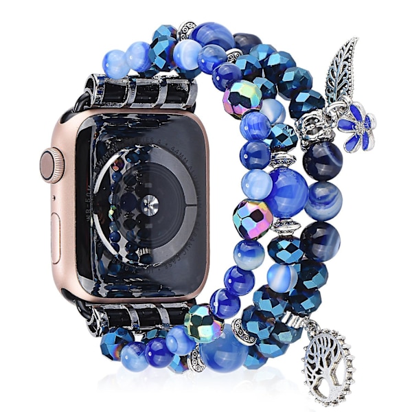 Fashion iWatch Blue Crystal Beaded Watchband Strap with Life Tree and Leaf Pendant for Apple Watch U